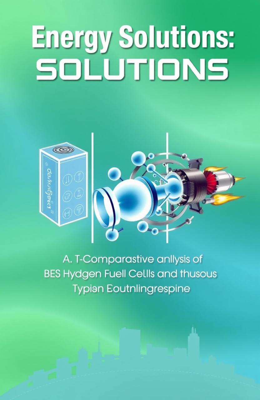 A book cover design for a comparative analysis between lithium-ion battery energy storage systems, hydrogen fuel cells, and hydrogen combustion engines