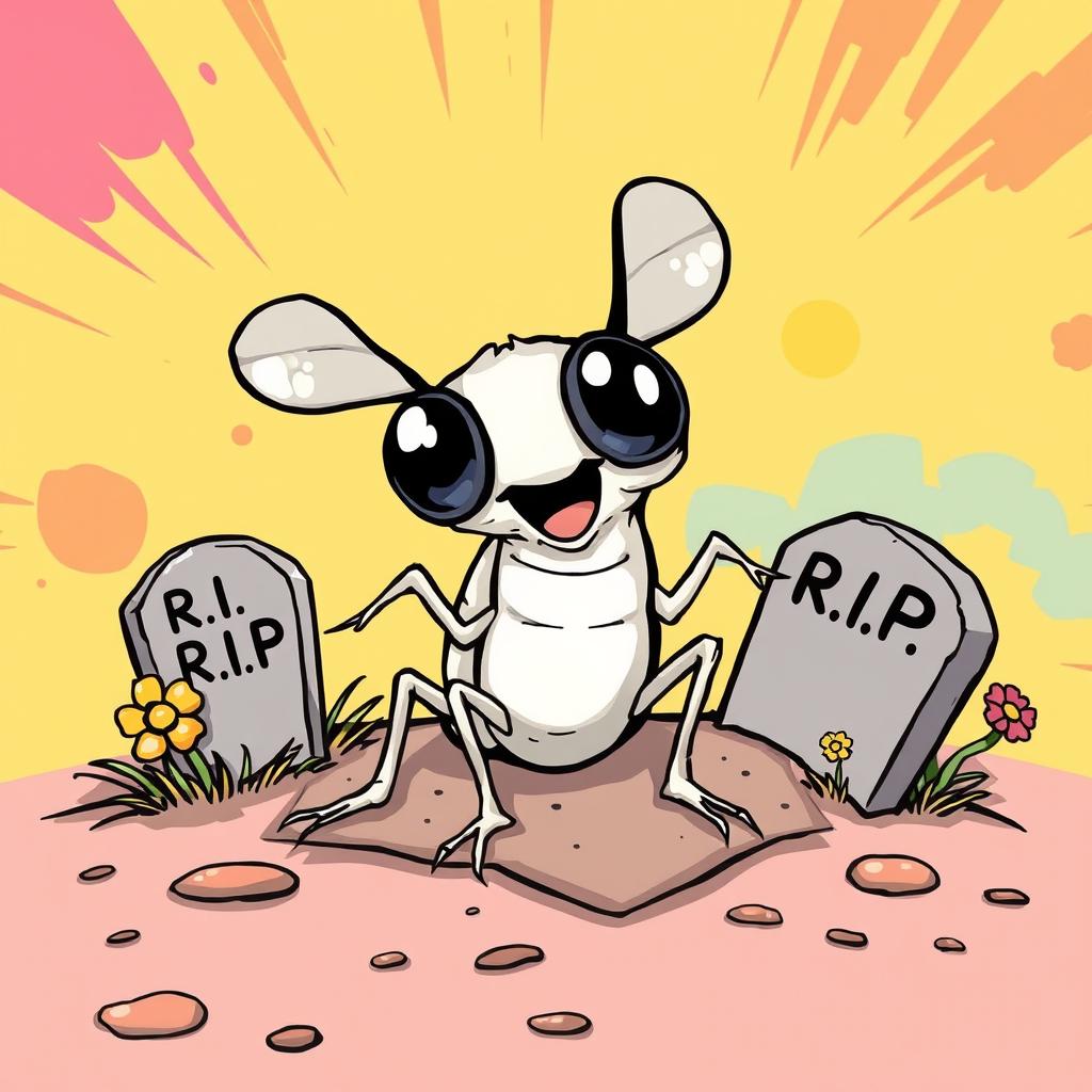A whimsical comics style illustration featuring a small, dead white flea, cartoonishly exaggerated with large, expressive eyes and a dramatic pose to emphasize the humor of its predicament