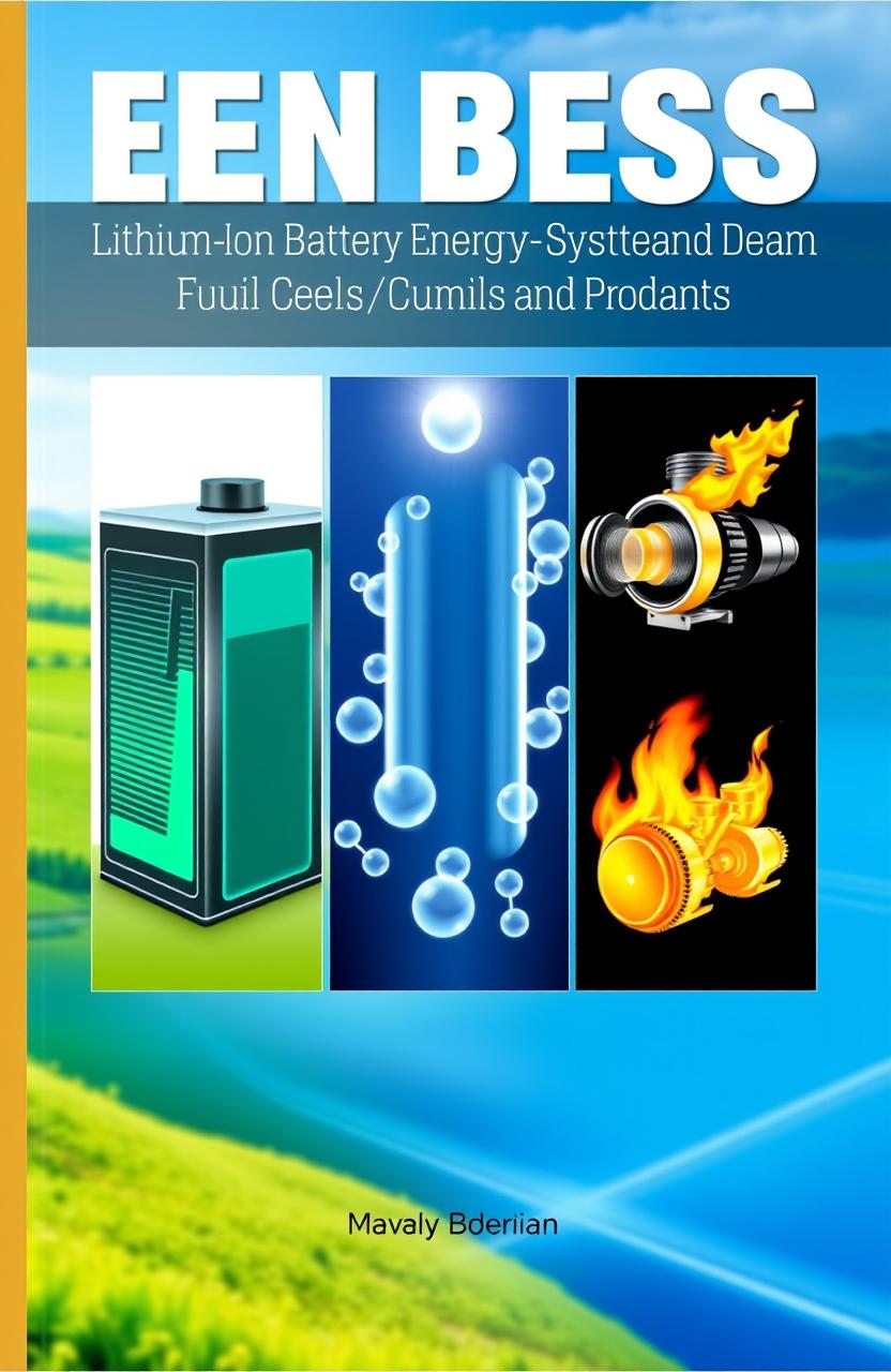 A visually engaging book cover design showcasing a comparative analysis of lithium-ion battery energy storage systems (BESS), hydrogen fuel cells, and hydrogen combustion engines