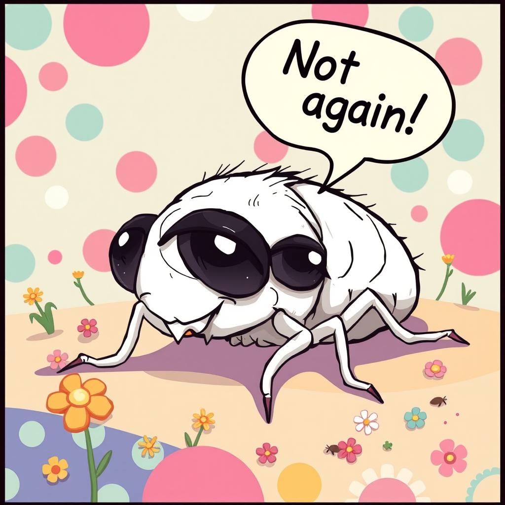 A whimsical comics style illustration of a small, dead white flea, cartoonishly depicted with oversized eyes closed in an exaggerated manner to show its lifeless state