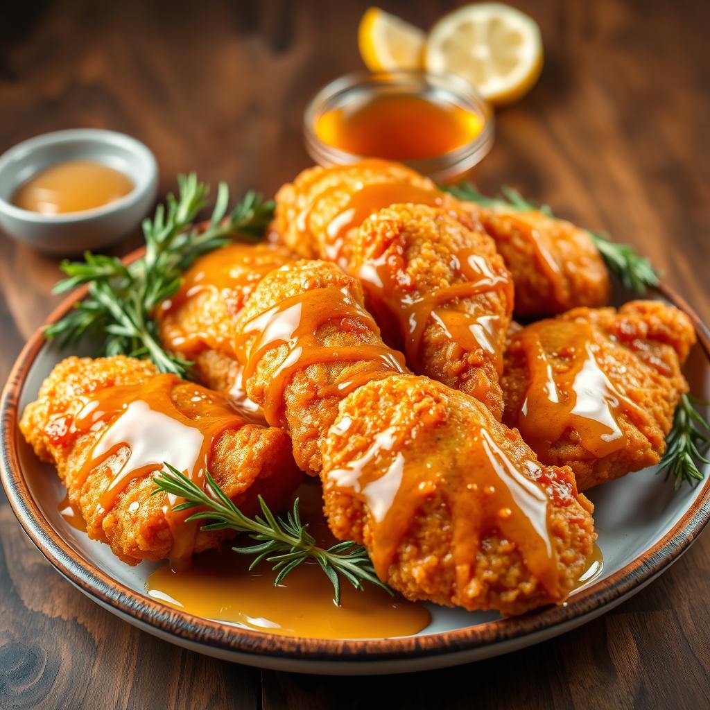 A beautifully arranged plate of crispy fried chicken, glistening with a sweet honey glaze, served on a rustic wooden table