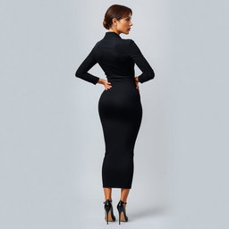 A full body portrait of a 37-year-old woman viewed from the back, dressed in a form-fitting tight shirt and a tight black dress that beautifully contours her figure