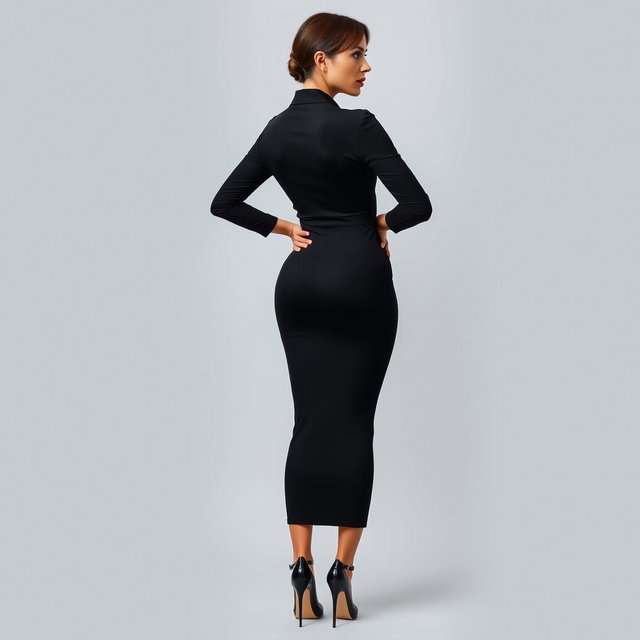 A full body portrait of a 37-year-old woman viewed from the back, dressed in a form-fitting tight shirt and a tight black dress that beautifully contours her figure