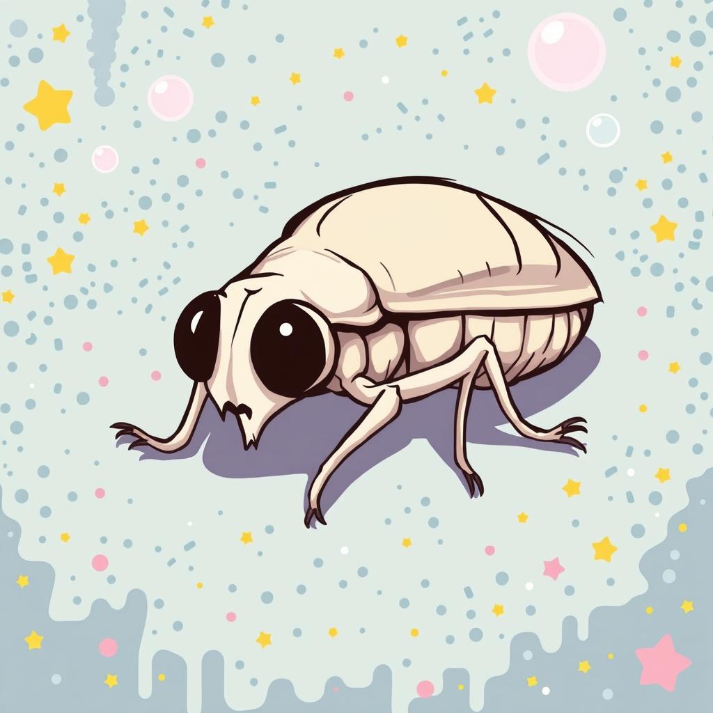 A quirky comics style illustration of a small, dead white flea, humorously depicted with oversized, closed eyes and a dramatically exaggerated pose to emphasize its lifelessness