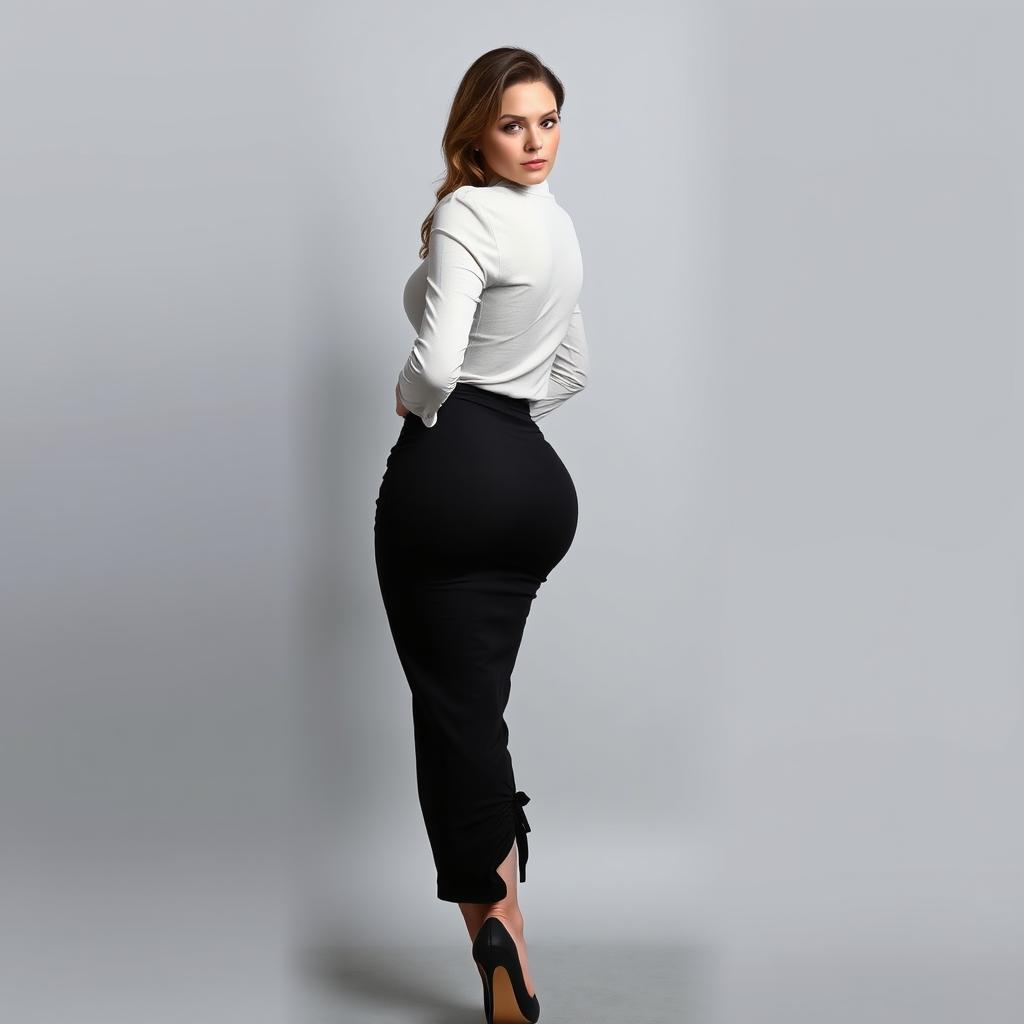A full body photo of a 37-year-old woman viewed from the back, featuring her in a tight shirt and a form-fitting black dress that emphasizes her curvy figure