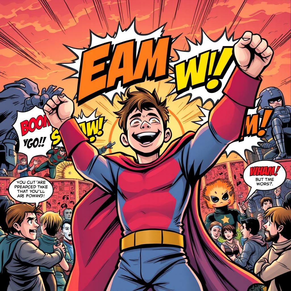 A colorful and dynamic comics style ending scene featuring a dramatic climax with expressive characters