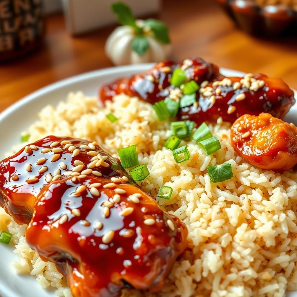 A vibrant and appetizing plate of garlic rice served alongside succulent fried chicken, which is generously coated in a flavorful honey soy sauce and oyster sauce