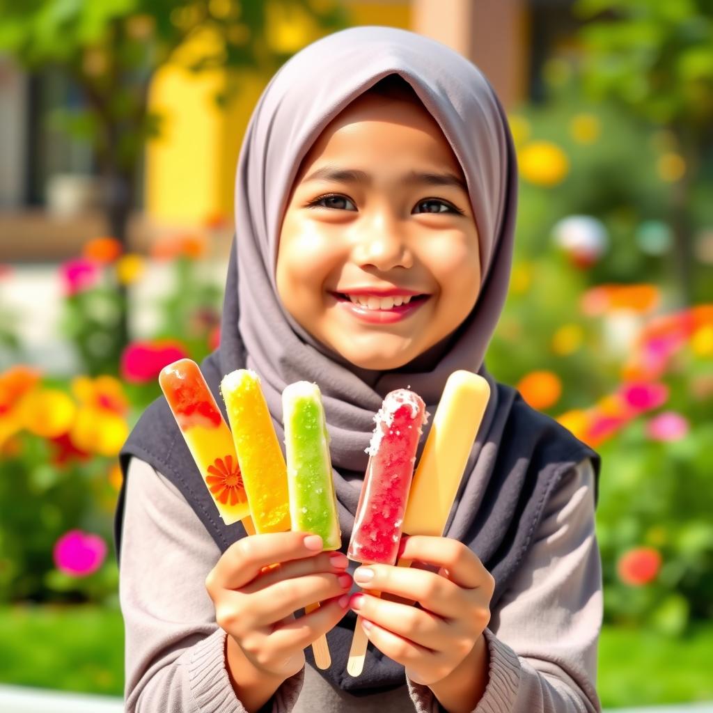 A cheerful young girl wearing a hijab, holding five colorful ice cream sticks in her hands, showcasing a joyful expression