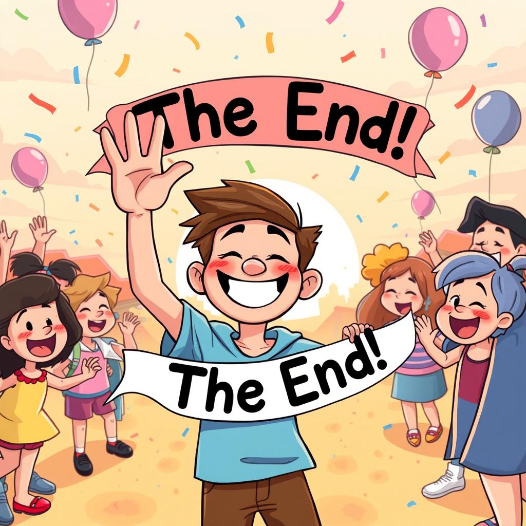 A vibrant cartoon style ending scene that encapsulates the resolution of a story