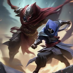 The battle scene intensifies with a ferocious and menacing Zed, who uses his shadow abilities to emit a terrifying aura, confronting the steadfast Master Yi in a League of Legends showdown.