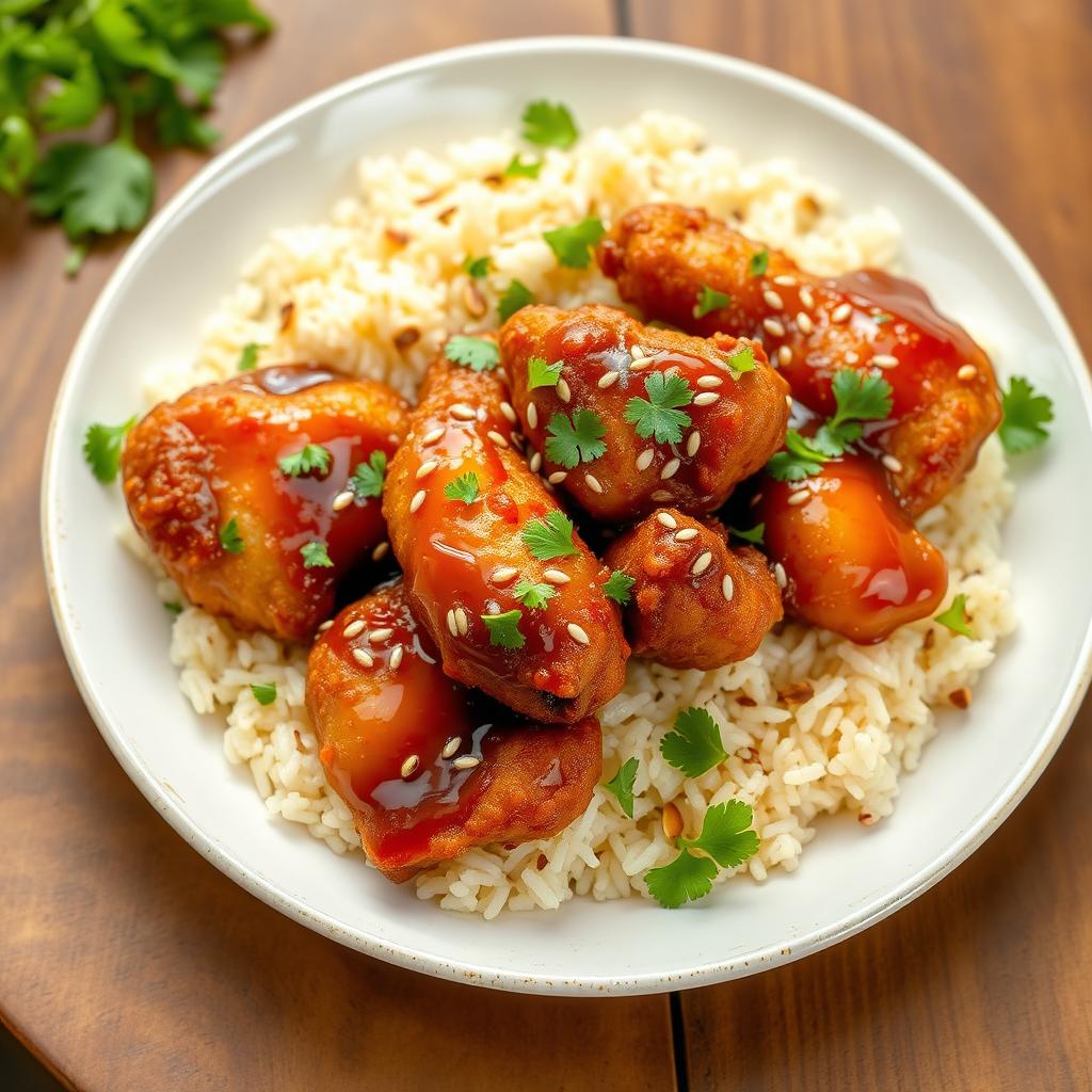 A delicious plate of garlic rice garnished with cilantro, featuring crispy fried chicken coated in a shiny honey soy sauce and oyster sauce glaze, topped with a sprinkle of sesame seeds