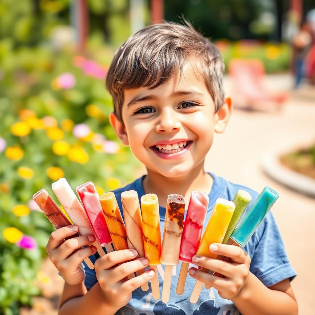 A cheerful young boy with a big smile, holding ten colorful ice cream sticks in his hands, showcasing his joy and excitement