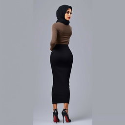 A full body portrait of a 37-year-old woman wearing a hijab, captured from the back