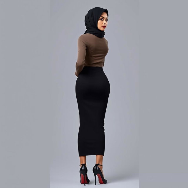 A full body portrait of a 37-year-old woman wearing a hijab, captured from the back