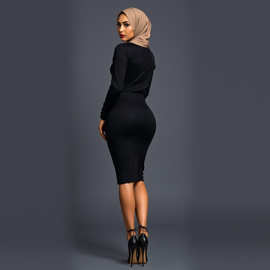 A full body portrait of a 37-year-old woman wearing a hijab, captured from the back