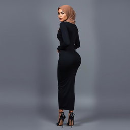 A full body portrait of a 37-year-old woman wearing a hijab, captured from the back