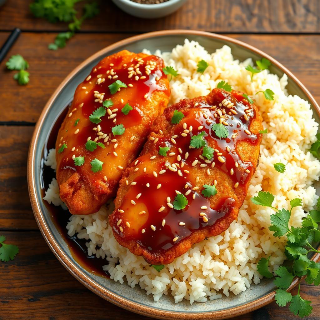 A delightful plate of garlic rice adorned with fresh cilantro, featuring two pieces of crispy fried chicken coated in a glossy honey soy sauce and oyster sauce, generously topped with sesame seeds
