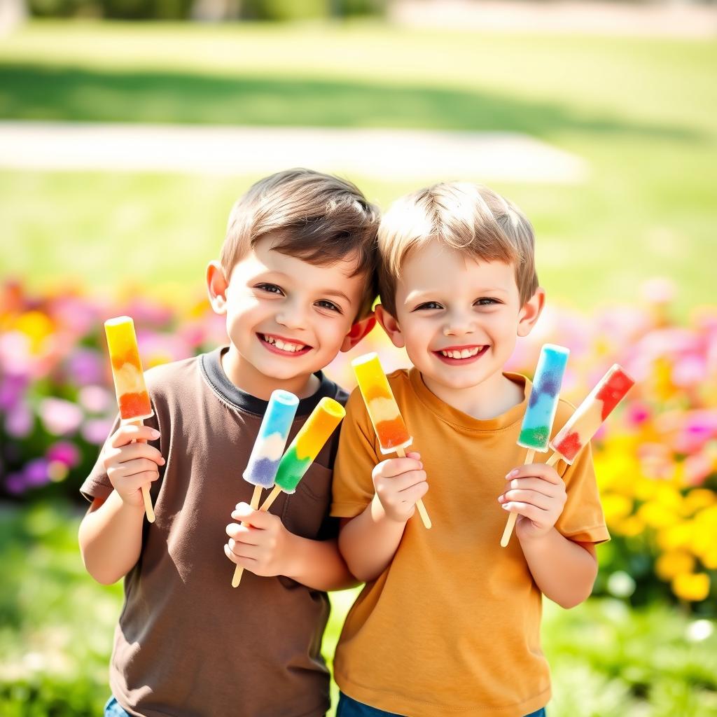 Two cheerful young boys, both with big smiles, each holding five colorful ice cream sticks in their hands