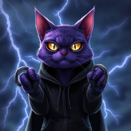 A purple cat with lightning abilities, resembling Death from 'Puss in Boots', wearing a black hoodie
