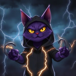 A purple cat with lightning abilities, resembling Death from 'Puss in Boots', wearing a black hoodie