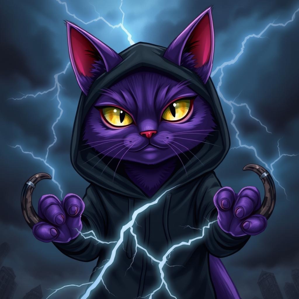 A purple cat with lightning abilities, resembling Death from 'Puss in Boots', wearing a black hoodie