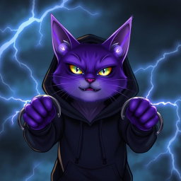 A purple cat with lightning abilities, resembling Death from 'Puss in Boots', wearing a black hoodie