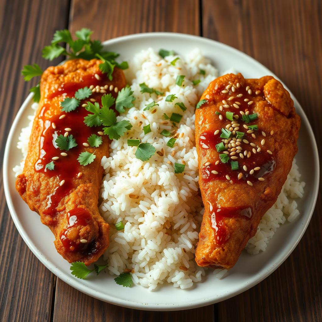An appetizing plate of garlic rice, generously garnished with fresh cilantro, featuring two pieces of crispy fried chicken that are expertly coated in a delectable honey soy sauce and oyster sauce glaze, topped with a shower of sesame seeds