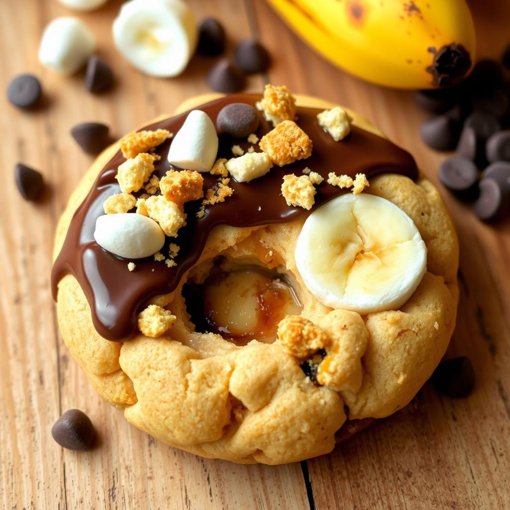 A delicious and visually appealing cookie featuring banana, smores elements, and chocolate