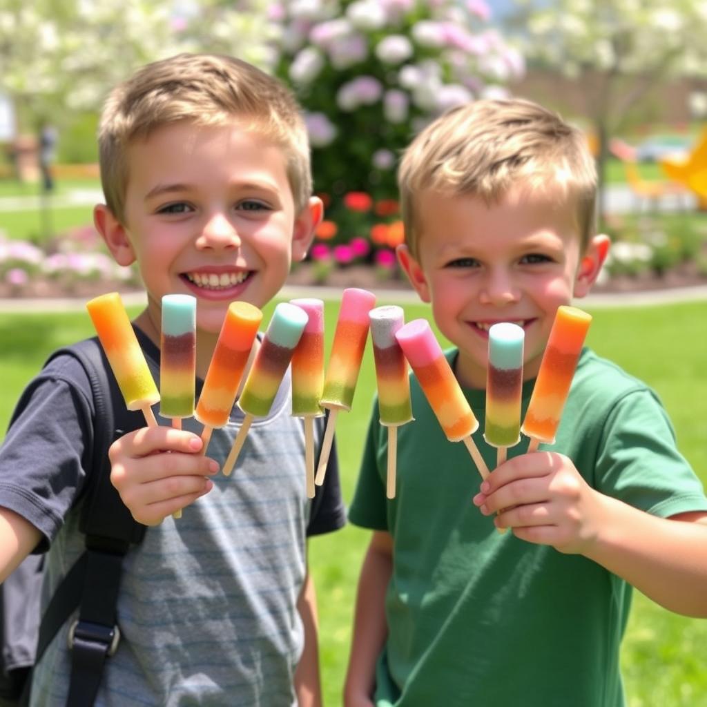 Two cheerful young boys, each holding five colorful ice cream sticks, totaling ten sticks together