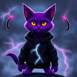 A striking purple cat with lightning abilities, inspired by the character Death from the movie Puss in Boots, wearing a black hoodie