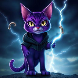 A striking purple cat with lightning abilities, inspired by the character Death from the movie Puss in Boots, wearing a black hoodie