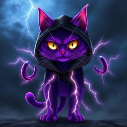 A striking purple cat with lightning abilities, inspired by the character Death from the movie Puss in Boots, wearing a black hoodie
