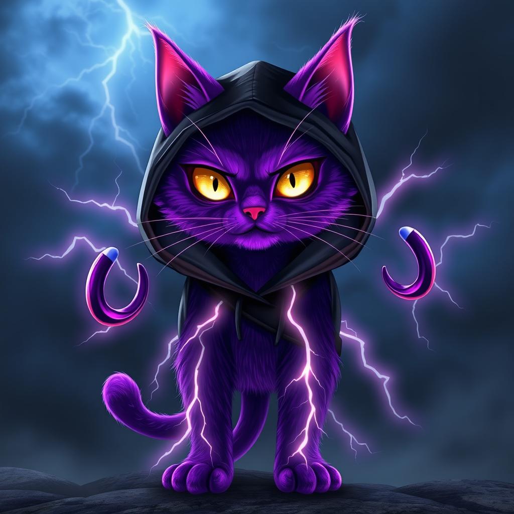 A striking purple cat with lightning abilities, inspired by the character Death from the movie Puss in Boots, wearing a black hoodie