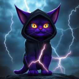A striking purple cat with lightning abilities, inspired by the character Death from the movie Puss in Boots, wearing a black hoodie