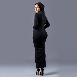 A full body photo of a 37-year-old woman wearing a hijab, captured from the back