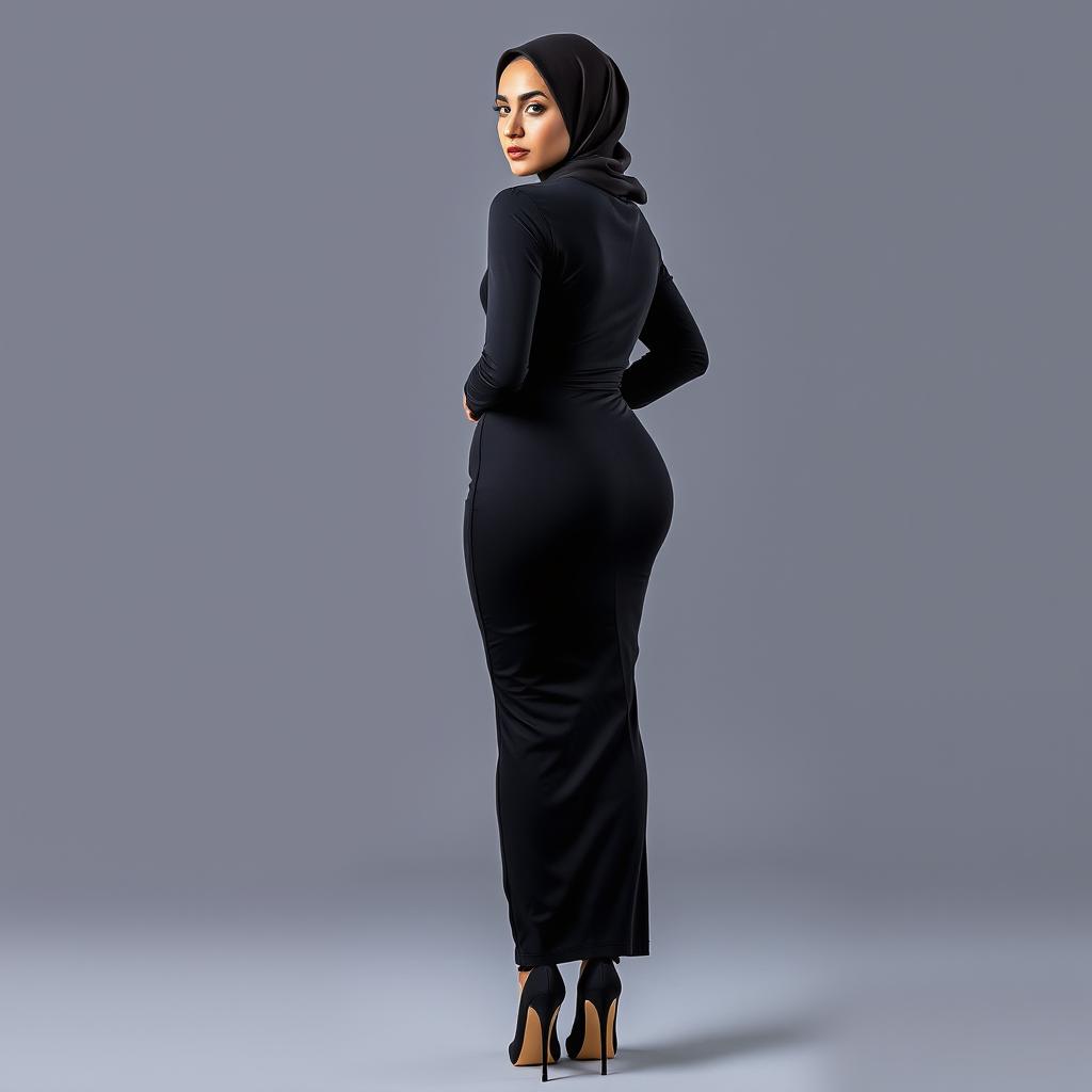 A full body photo of a 37-year-old woman wearing a hijab, captured from the back
