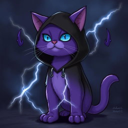 A purple cat with lightning abilities, resembling Death from Puss in Boots