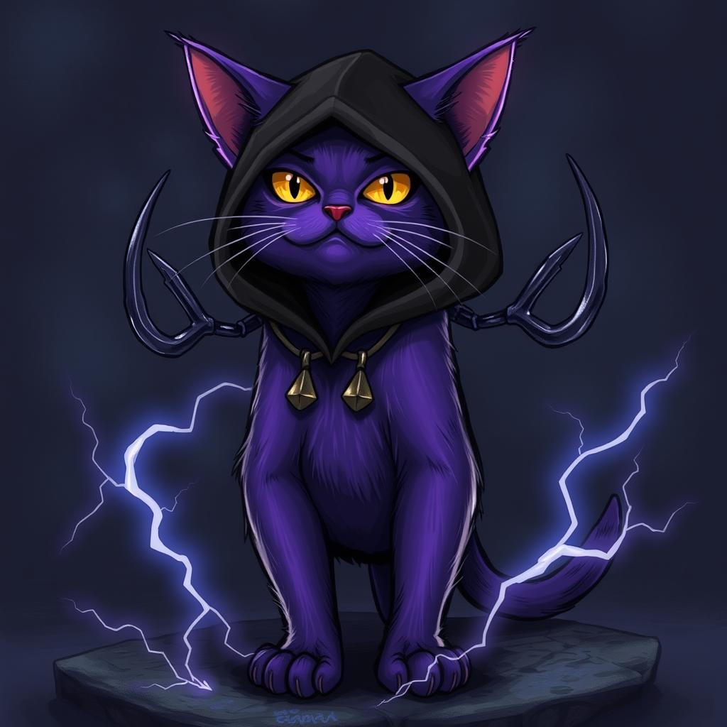 A purple cat with lightning abilities, resembling Death from Puss in Boots