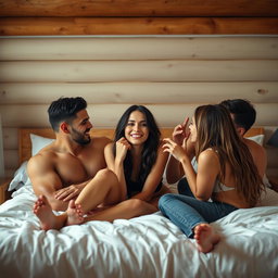 A scene featuring a cute Latina woman in a passionate moment on a bed in a simplistic lodge setting