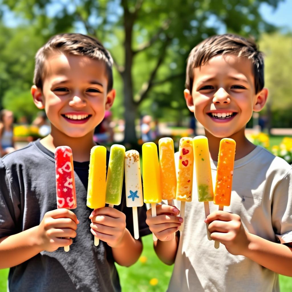Two joyful young boys, each holding five colorful ice cream sticks, with their hands positioned apart to clearly show a total of ten sticks