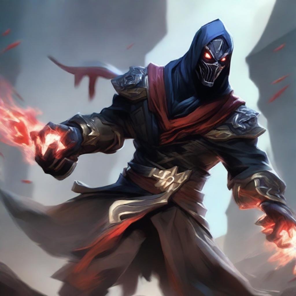 The battle scene intensifies with a ferocious and menacing Zed, who uses his shadow abilities to emit a terrifying aura, confronting the steadfast Master Yi in a League of Legends showdown.