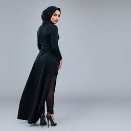 A full body photo of a 37-year-old woman wearing a hijab, captured from the back, showcasing her tight shirt and an extreme short black dress that accentuates her curves beautifully