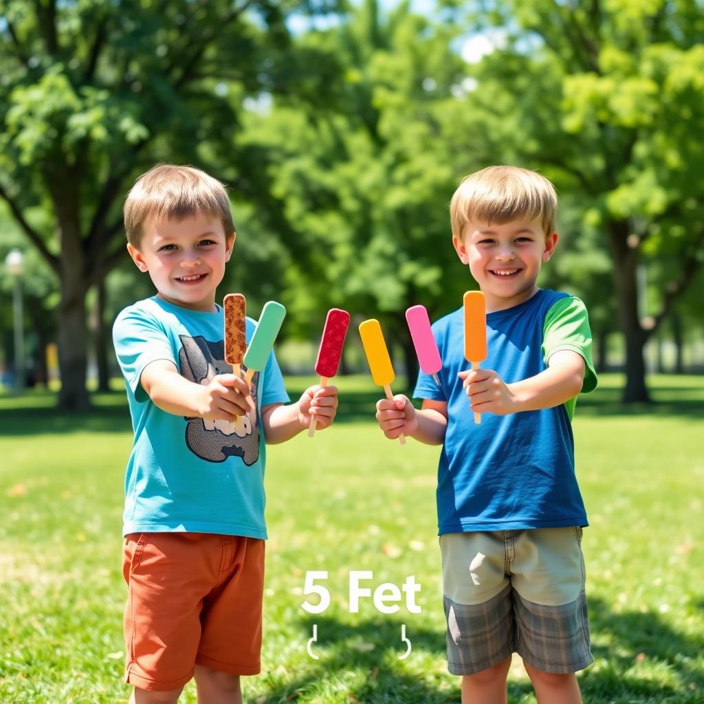 Two boys standing apart from each other, each holding five wooden ice cream sticks in their hands