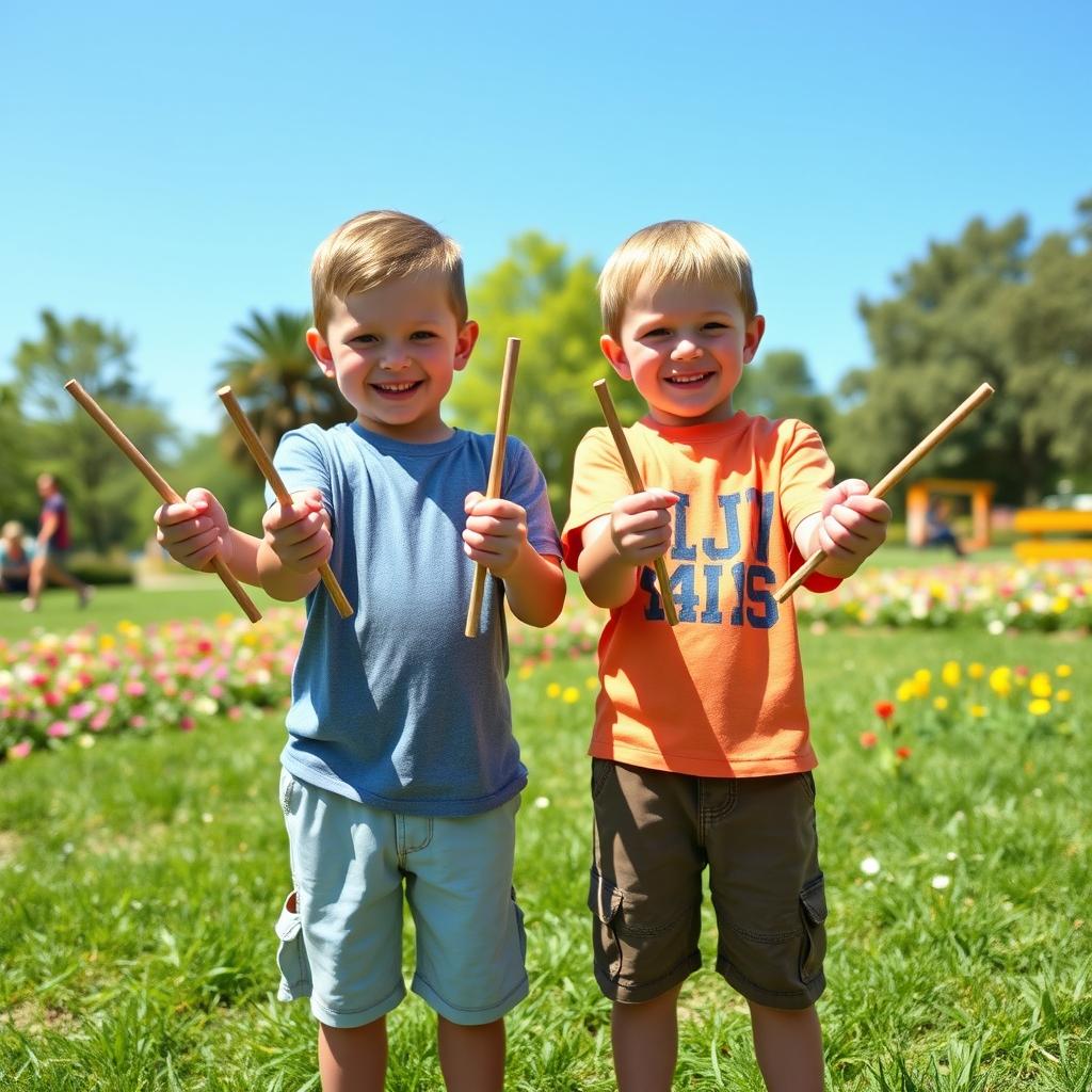 Two boys, each holding five sticks in their hands, standing at a distance of exactly five feet apart from each other