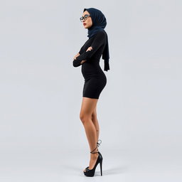 A full body photo of a 40-year-old hijab-wearing singer with white skin, standing confidently and crossing her legs
