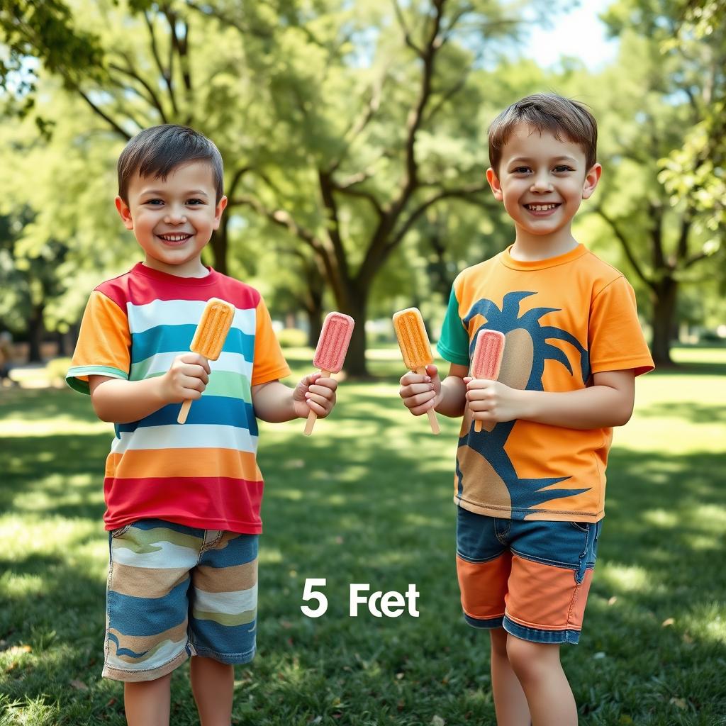 Two boys standing apart from each other, each holding three wooden ice cream sticks in their hands