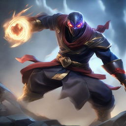 The battle scene intensifies with a ferocious and menacing Zed, who uses his shadow abilities to emit a terrifying aura, confronting the steadfast Master Yi in a League of Legends showdown.