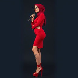A full body photo of a 40-year-old hijab-wearing singer with white skin, standing elegantly and crossing her legs
