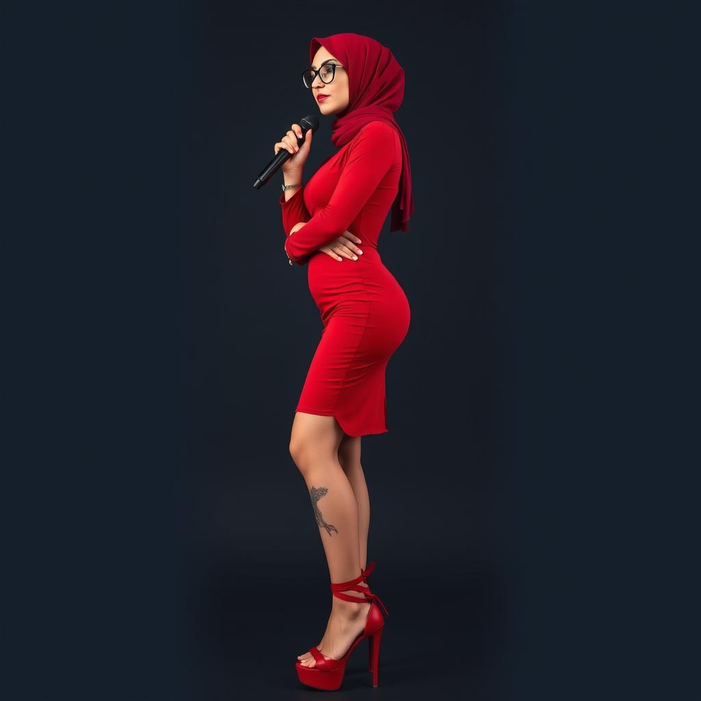 A full body photo of a 40-year-old hijab-wearing singer with white skin, standing elegantly and crossing her legs