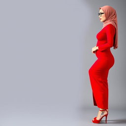 A full body photo of a 40-year-old hijab-wearing singer with white skin, standing elegantly and crossing her legs